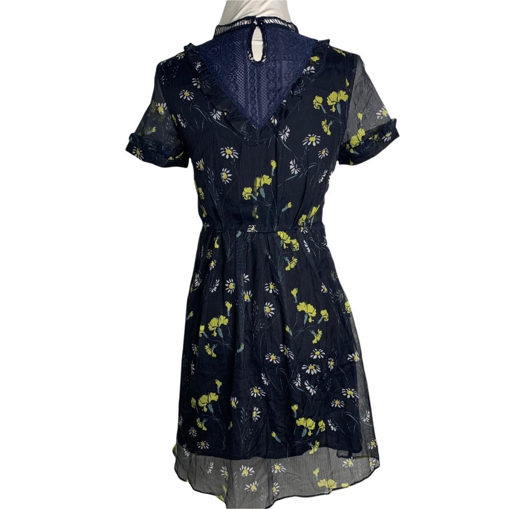 EzPopsy Floral Skater Dress S Blue Sheer Lined Lace Side Zip Elastic Waist 26PE - Picture 4 of 5